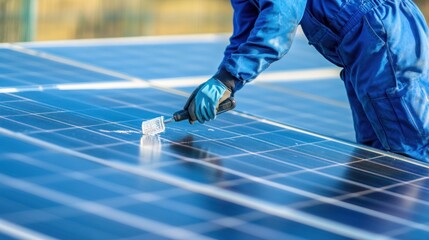 A worker cleaning a solar panel to ensure optimal energy efficiency.