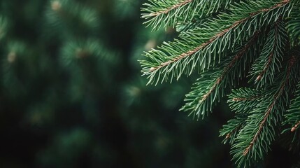 A fir tree branch with vibrant green needles glimmers in the sunlight, surrounded by a blurred forest background, evoking a peaceful atmosphere