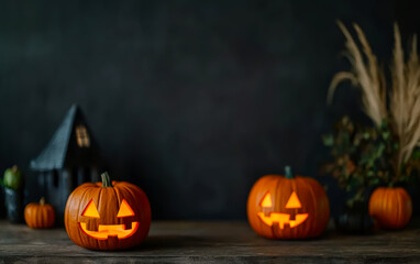 Two carved pumpkins glow softly, surrounded by autumn decor and a miniature house, creating a cozy Halloween atmosphere.