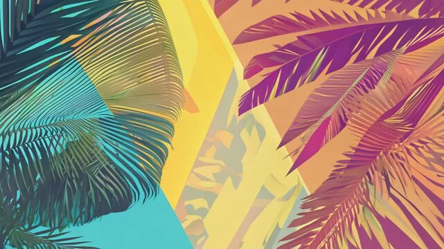A colorful abstract background with a tropical theme, showing vibrant palm leaves and geometric patterns in a bright, dynamic design. Ideal for summer promotions or tropical events.