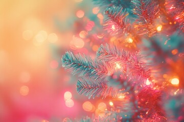 Colorful Christmas tree with glowing lights and bokeh in a festive, winter setting