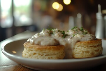 A Plate of Biscuits and Gravy, Served at a Southern Diner, Food Photography, Food Menu Style Photo Image