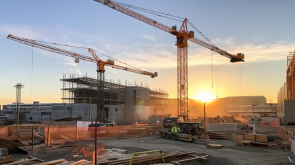 Early morning light casts a golden glow over a bustling construction site, highlighting cranes and structures silhouetted against the dawn.