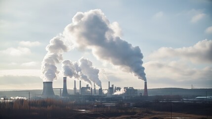 Factory chimneys release thick smoke into the overcast sky, illustrating industrial impact and environmental concerns in a moody landscape.