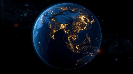Fototapeta premium 3D Earth with realistic cloud atmosphere and night lights in Asia