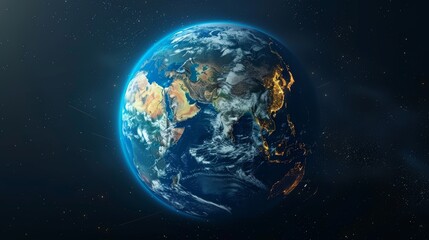 3D Earth with realistic cloud atmosphere and night lights in Asia