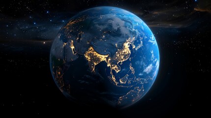 Fototapeta premium 3D Earth with realistic cloud atmosphere and night lights in Asia