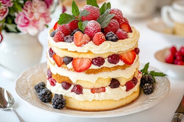 A Traditional English Trifle With Layers of Sponge Cake, Custard, and Fruit, Served at a Quaint Countryside Tea Room, Dessert Food Photography, Dessert Menu Style Photo Image