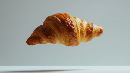 A floating croissant showcasing its flaky texture and golden color against a minimal background.