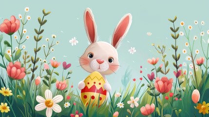 Fototapeta premium Cute bunny holding an Easter egg, surrounded by flowers, vector illustration on white
