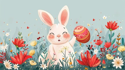 Obraz premium Cute bunny holding an Easter egg, surrounded by flowers, vector illustration on white