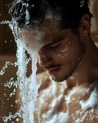 Fototapeta premium A young man in a luxury interior, complete with a plethora of macro details, foam on his shoulders, pouring water behind him, and realistic details.