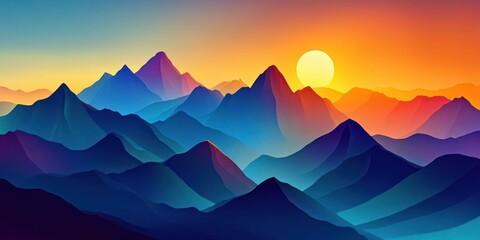 Vibrant sunset over a range of mountains with layered hues of blue, purple, and orange.