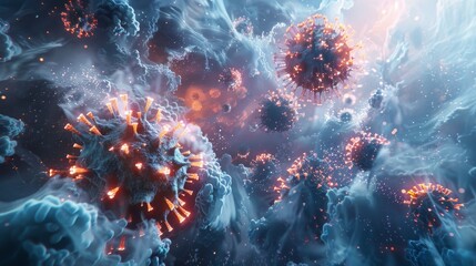 Fototapeta premium Detailed rendering of coronavirus particles, focusing on the virus's structure and surrounding environment
