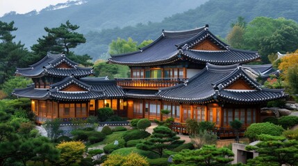 Naklejka premium Traditional Korean home designs are known for their elegant, simple architecture and often use natural materials such as wood