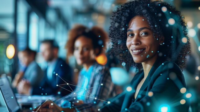 Diverse business professionals connected globally, exchanging data and strategies for customer service and outsourcing. Emphasis on technology and teamwork