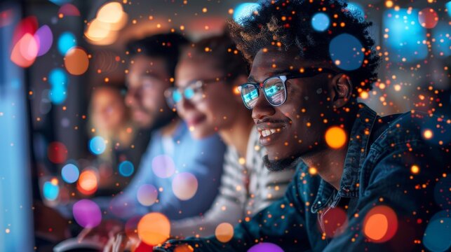 Diverse business professionals connected globally, exchanging data and strategies for customer service and outsourcing. Emphasis on technology and teamwork