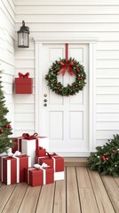 The red front door is festively decorated with a wreath and garland, welcoming visitors to a warm, inviting home entrance during Christmas