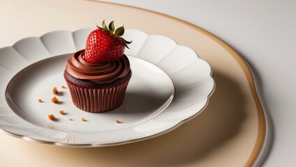Decadent chocolate cupcake topped with fresh strawberry on a white plate