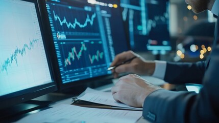 A financial analyst at their desk, reviewing stock market charts and graphs, Financial office scene