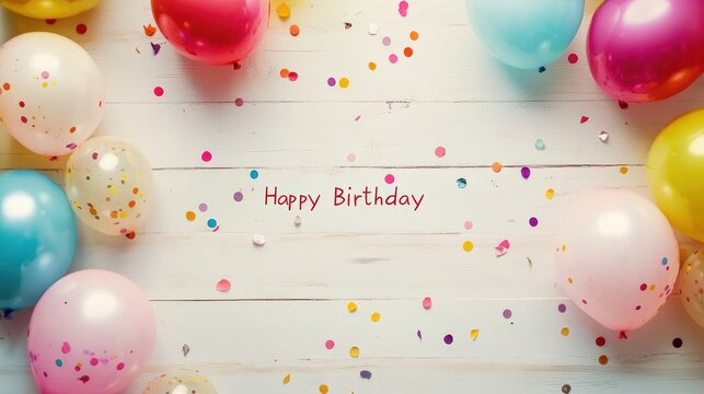 Colorful balloons and confetti surround a "Happy Birthday" message on a wooden background.