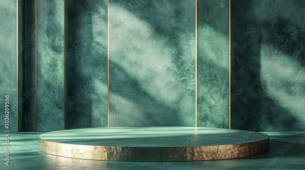 Aufkleber a gold-trimmed circular stage against textured green walls is bathed in soft sunlight, creating a se