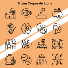 Set of 16 line corporate icons representing business office and professional tools.