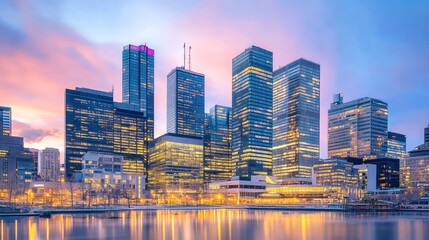 Obraz premium A vibrant city skyline at sunset reflecting on water, showcasing modern architecture.