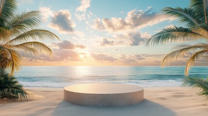 podium on a tropical beach with palm trees and a blue ocean background. A sunset sky with clouds. A panoramic banner for a summer vacation concept. Banner mock up design template