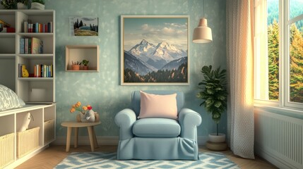 Cozy living room with mountain artwork, plants, and natural light.