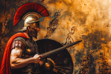 roman gladiator warrior, spartan with shield and sword