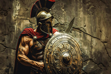 roman gladiator warrior, spartan with shield and sword