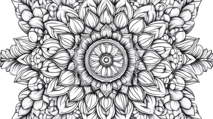 Intricate black and white mandala design featuring floral patterns and circular motifs.