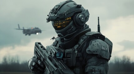 A futuristic soldier in full gear stands alert, holding a weapon, with a helicopter in the background.