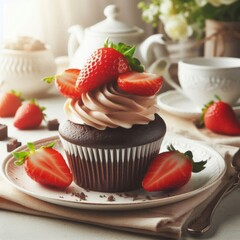Decadent chocolate cupcake topped with fresh strawberry on a white plate