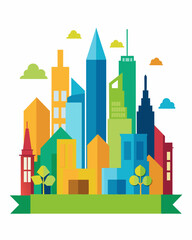 An illustration of a city skyline made up of different colors and shapes symbolizing the integration of recycled materials into new construction projects.. Vector illustration