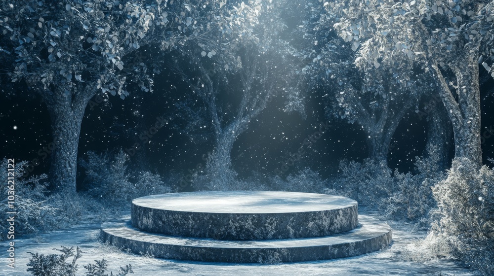 Aufkleber in a serene winter wonderland, snow falls gently on a circular stone platform among bare trees, illu