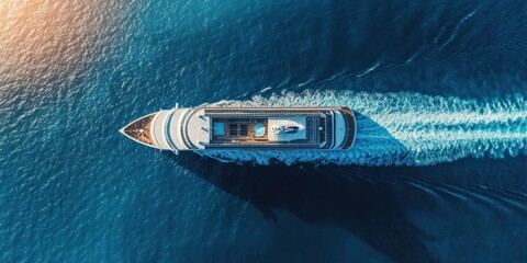 Aerial view of a cruise ship sailing on the ocean.
