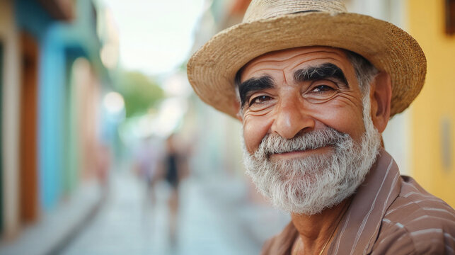 Portrait of smiling senior cuban man wearing straw hat