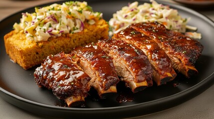 A plate of tender, smoked barbecue ribs coated in a rich glaze, served with cornbread and fresh coleslaw. American cuisine