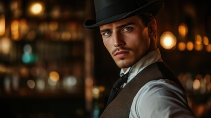 A stylish man in a vintage setting, exuding confidence and charm.
