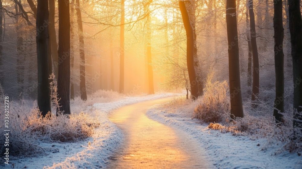 Aufkleber a tranquil winter morning unfolds as soft sunlight breaks through frost-covered trees. the winding p