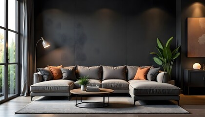 Modern dark home interior background, wall mock up, 3d render created with generative Ai