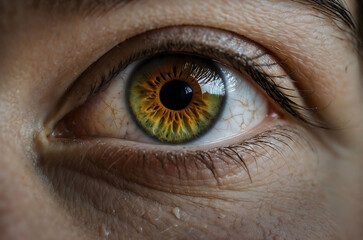 Close up shot capturing the intricate details of a woman's vibrant green eye, highlighting the dilated pupil