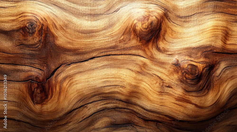 Fototapete A close-up view highlights the intricate patterns of wood grain, featuring undulating textures and rich, warm hues. The natural imperfections add character and depth to the surface.