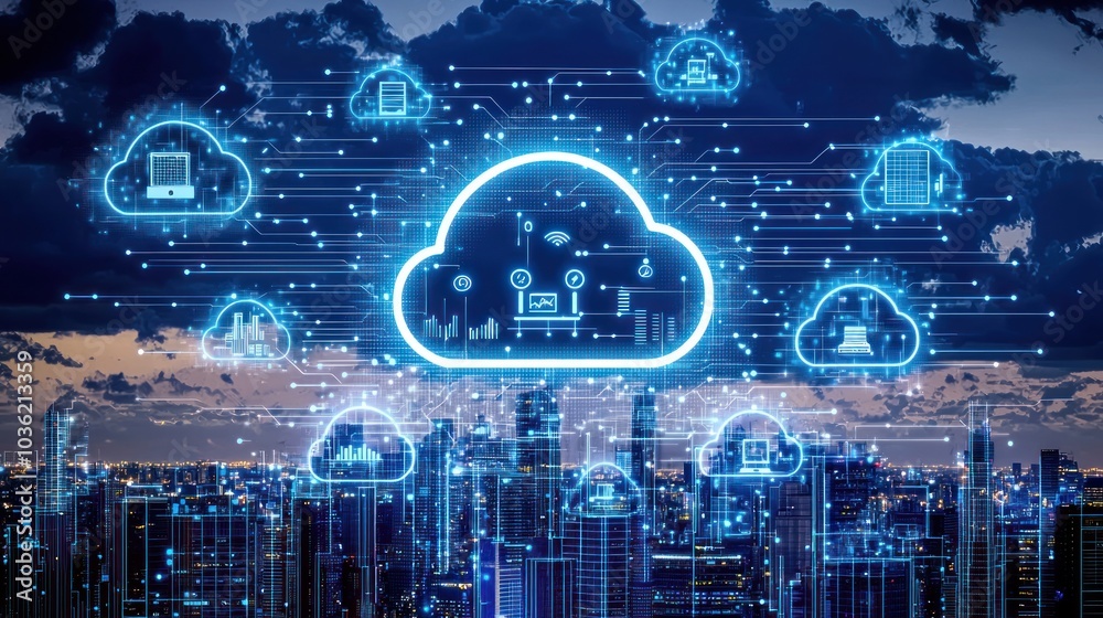 Poster cityscape with digital cloud computing network overlaid