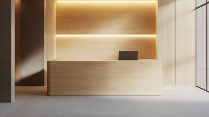 Modern reception desk with warm lighting in a minimalist interior space.