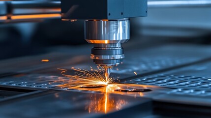 A close-up of a laser cutting machine in action, producing sparks and precision cuts.