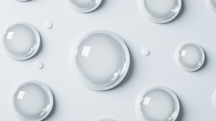 Elegant composition of water drops on a smooth white canvas, minimalist aesthetic, each droplet capturing light reflections, top view