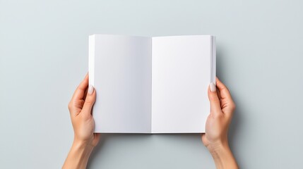 Elegant woman with manicured hands holding an empty brochure, top-down view, grey background, perfect for mockup designs. Soft shadows, high-resolution detail
